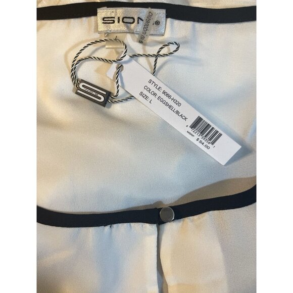 Sioni L Off-White Semi-Sheer Black Trim Button Keyhole Neck Sleeveless Blouse - Picture 6 of 6